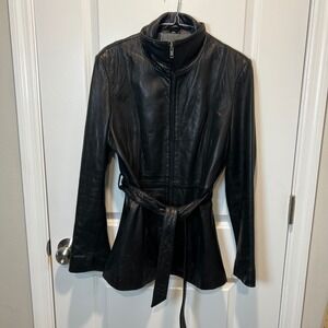 Boston Harbour Black Genuine Leather Belted Moto Jacket Womens Size Medium